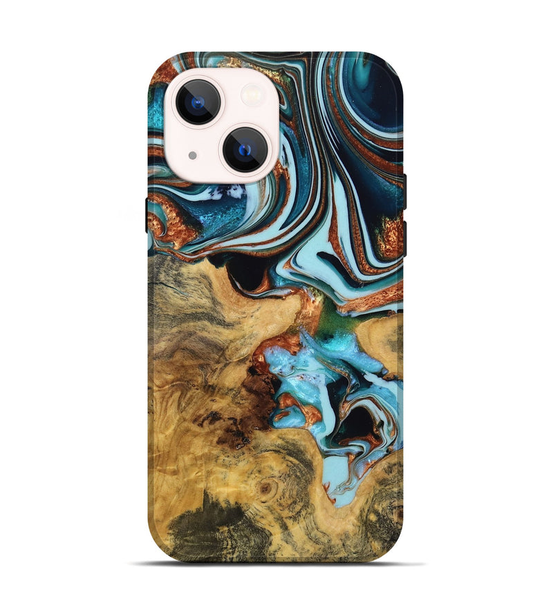 iPhone 14 Wood Live Edge Phone Case - Kiara (Teal & Gold, 765306)