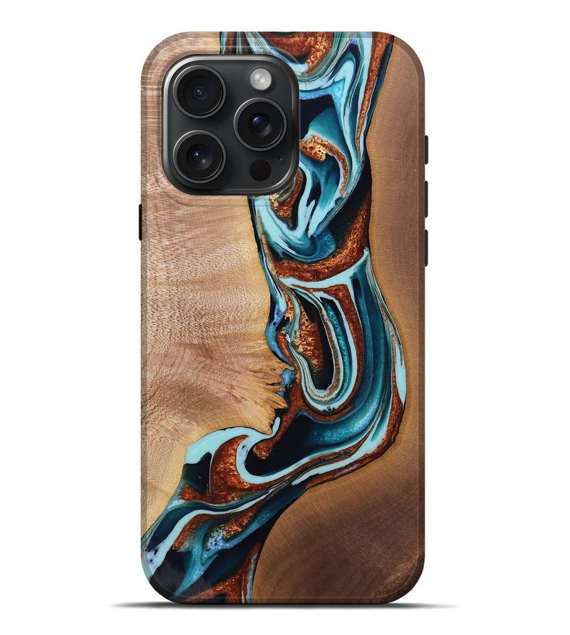 iPhone 16 Pro Max Wood Live Edge Phone Case - Newell (Teal & Gold, 765308)