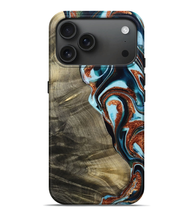 iPhone 17 Pro Max Wood Live Edge Phone Case - Deanna (Teal & Gold, 765311)