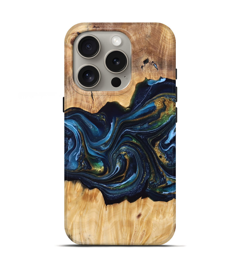 iPhone 16 Pro Wood Live Edge Phone Case - Aydan (Teal & Gold, 766070)