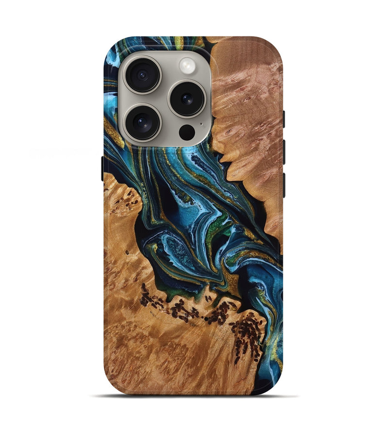 iPhone 16 Pro Wood Live Edge Phone Case - Seymour (Teal & Gold, 766071)