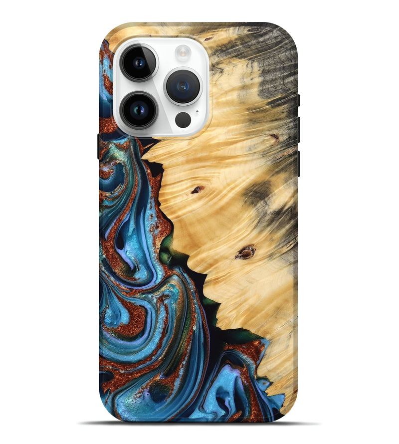 iPhone 15 Pro Max Wood Live Edge Phone Case - Rickie (Teal & Gold, 766074)