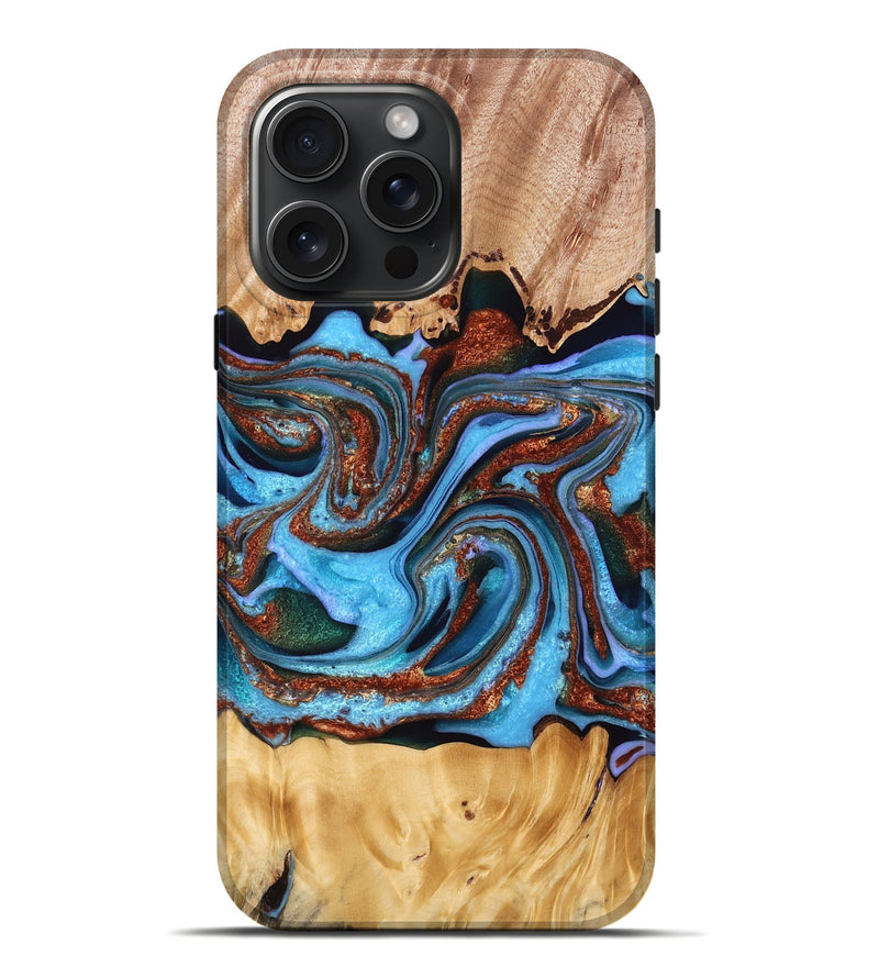 iPhone 16 Pro Max Wood Live Edge Phone Case - Arline (Teal & Gold, 766075)