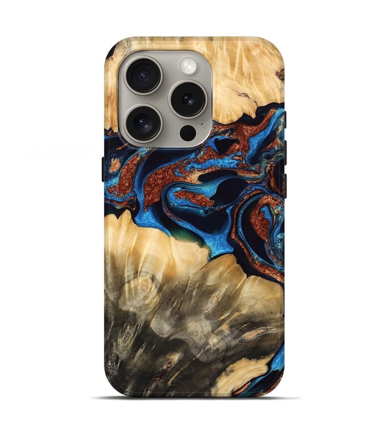 iPhone 16 Pro Wood Live Edge Phone Case - Abbey (Teal & Gold, 766085)