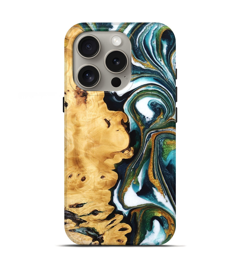 iPhone 16 Pro Wood Live Edge Phone Case - Javon (Teal & Gold, 766177)