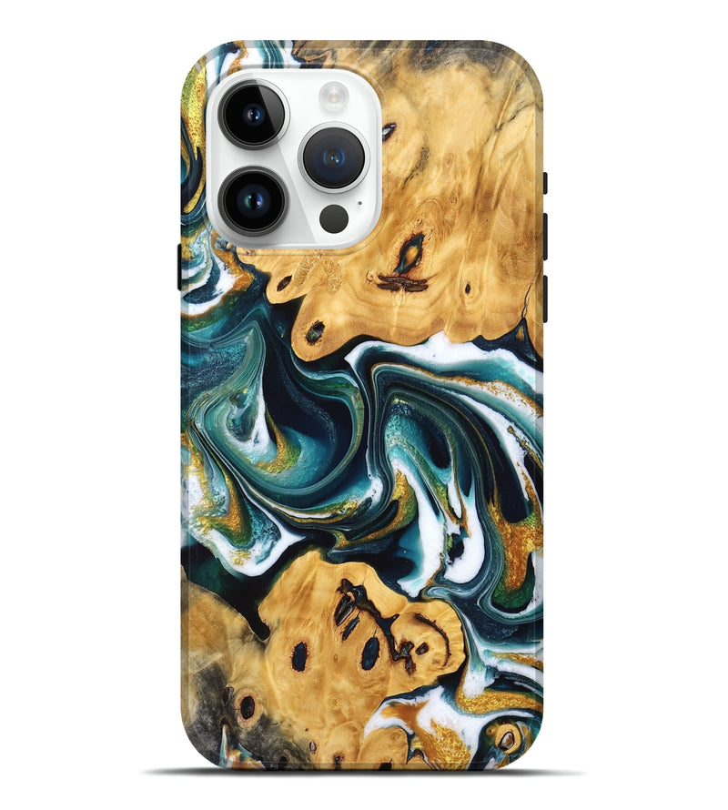 iPhone 15 Pro Max Wood Live Edge Phone Case - Doyle (Teal & Gold, 766179)