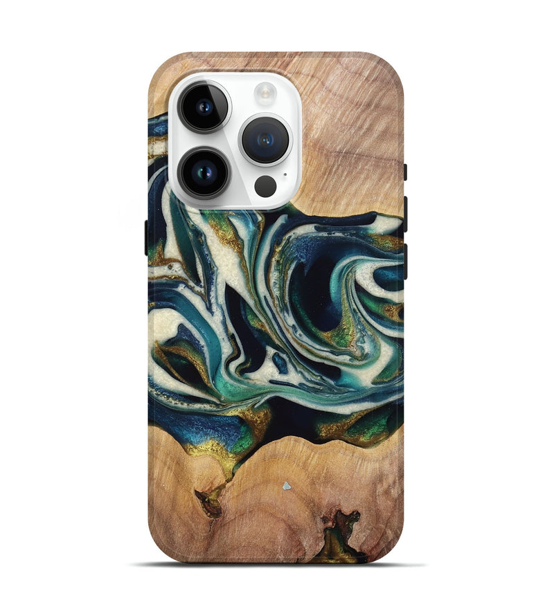 iPhone 15 Pro Wood Live Edge Phone Case - Savana (Teal & Gold, 766180)