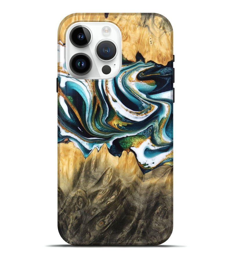 iPhone 15 Pro Max Wood Live Edge Phone Case - Agatha (Teal & Gold, 766181)