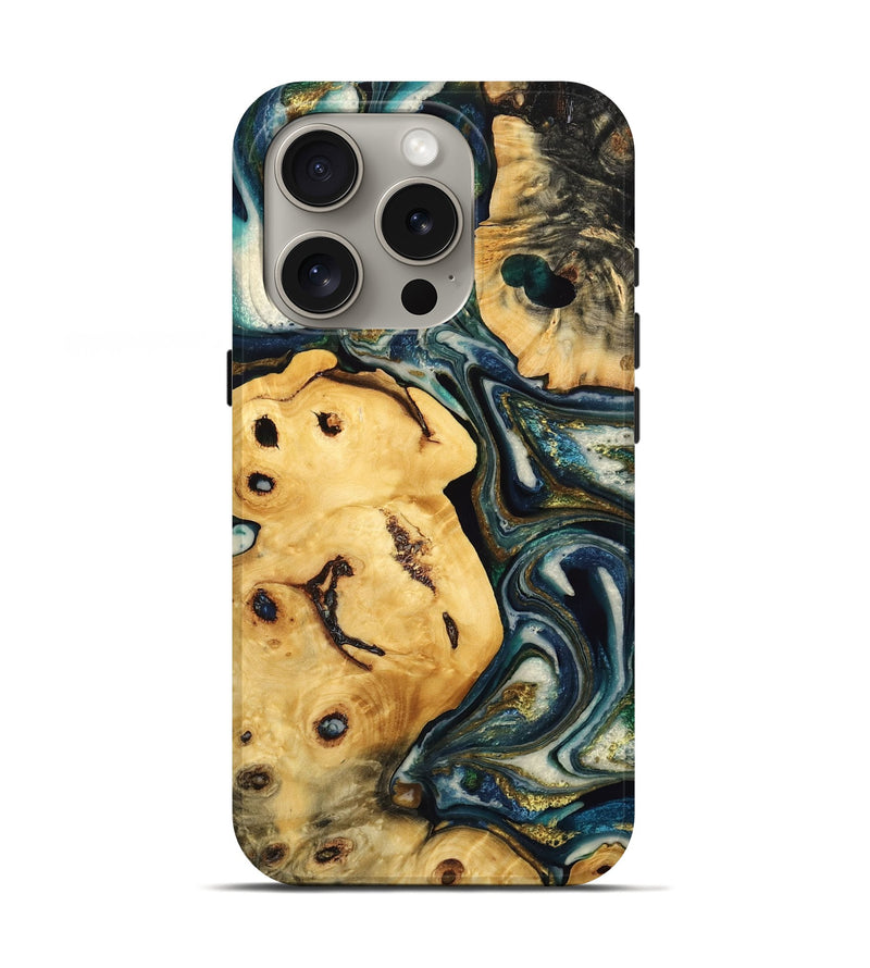 iPhone 16 Pro Wood Live Edge Phone Case - Colette (Teal & Gold, 766188)