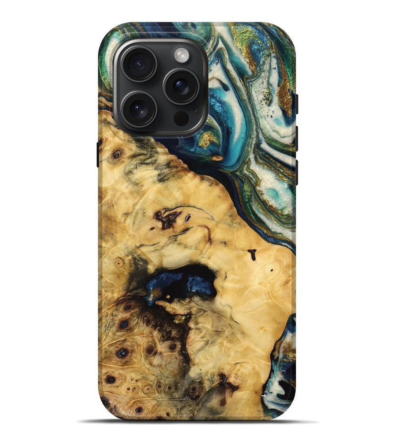 iPhone 16 Pro Max Wood Live Edge Phone Case - Kent (Teal & Gold, 766194)