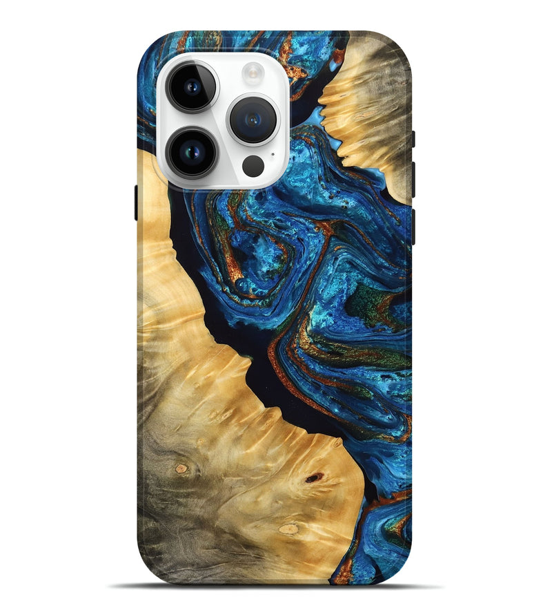 iPhone 15 Pro Max Wood Live Edge Phone Case - Tristin (Teal & Gold, 766195)