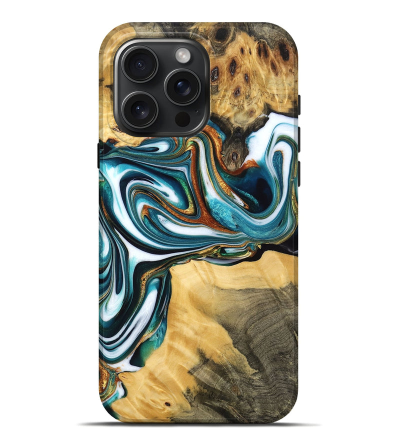 iPhone 16 Pro Max Wood Live Edge Phone Case - Brayan (Teal & Gold, 766930)