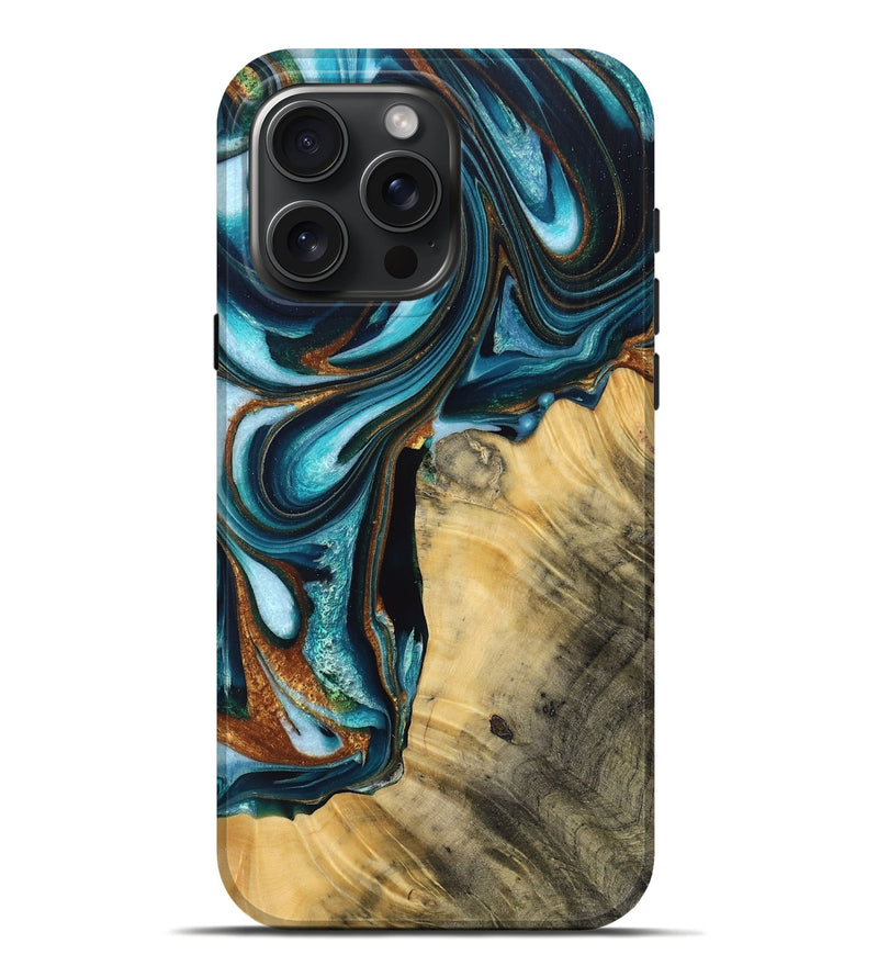 iPhone 16 Pro Max Wood Live Edge Phone Case - Judge (Teal & Gold, 766933)