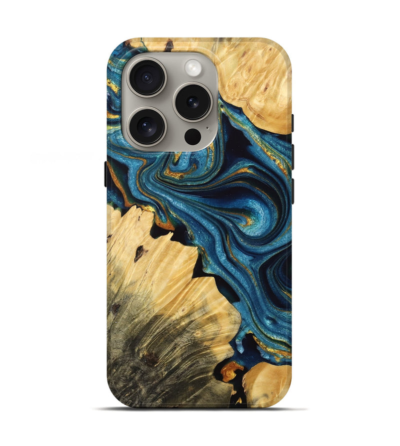 iPhone 16 Pro Wood Live Edge Phone Case - Madie (Teal & Gold, 766934)