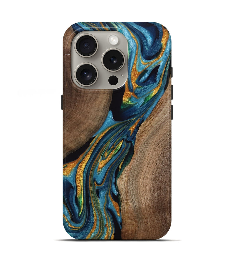 iPhone 16 Pro Wood Live Edge Phone Case - Russel (Teal & Gold, 766935)
