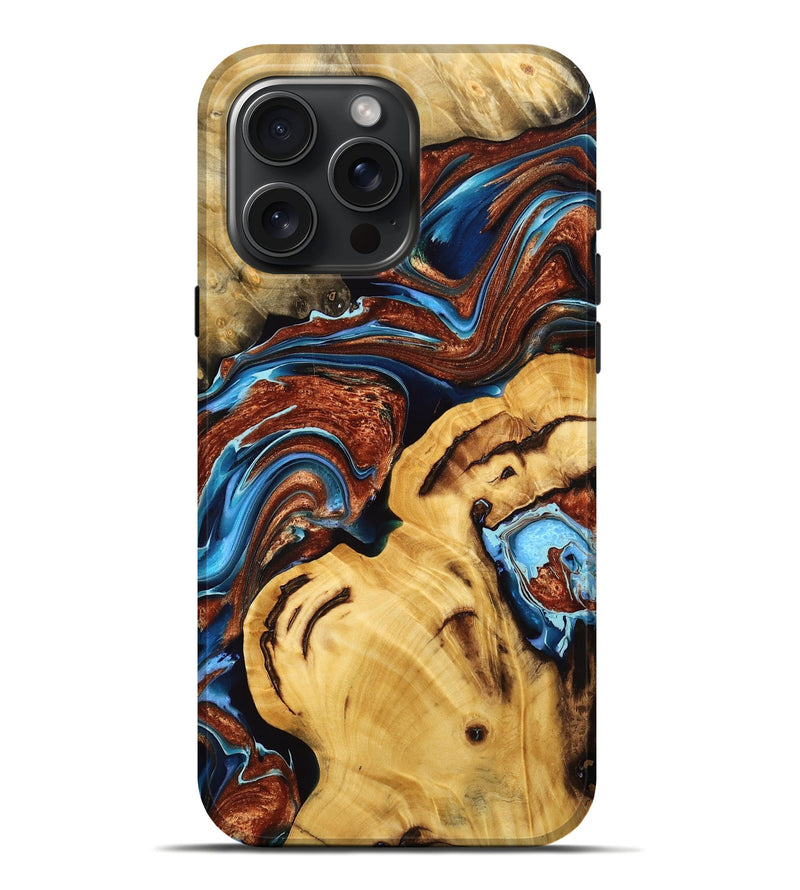 iPhone 16 Pro Max Wood Live Edge Phone Case - Michell (Teal & Gold, 766936)
