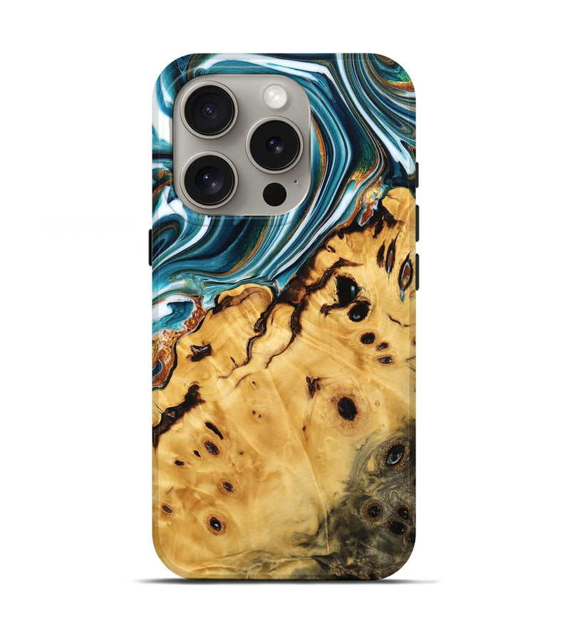 iPhone 16 Pro Wood Live Edge Phone Case - Yamilex (Teal & Gold, 766937)