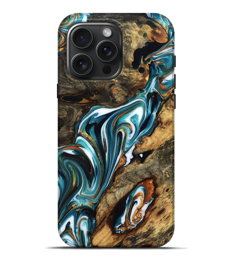 iPhone 16 Pro Max Wood Live Edge Phone Case - Xiomara (Teal & Gold, 766938)