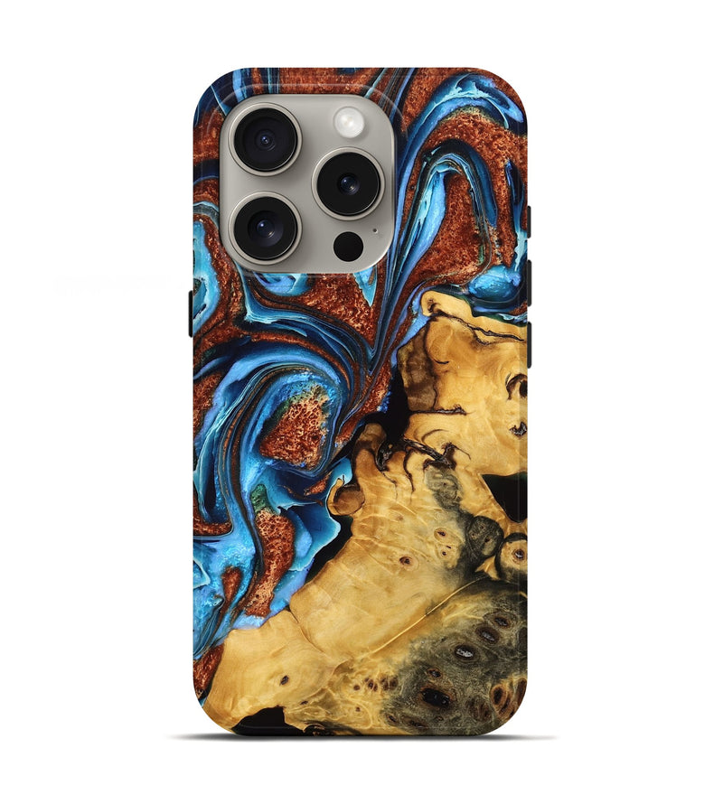 iPhone 16 Pro Wood Live Edge Phone Case - Abigale (Teal & Gold, 766940)