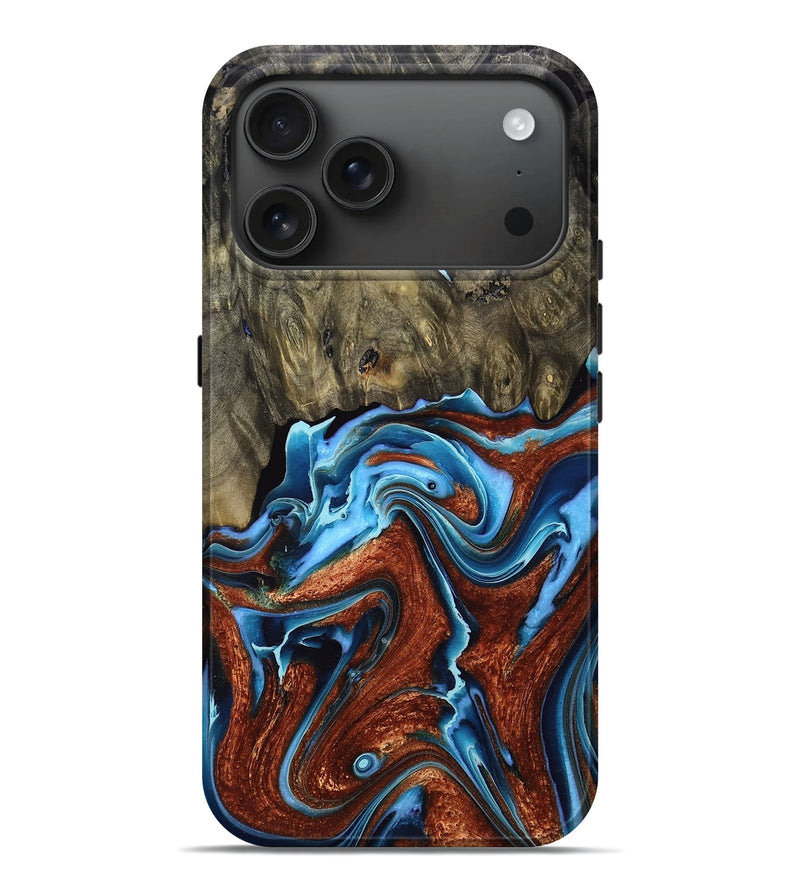 iPhone 17 Pro Max Wood Live Edge Phone Case - Macie (Teal & Gold, 766941)