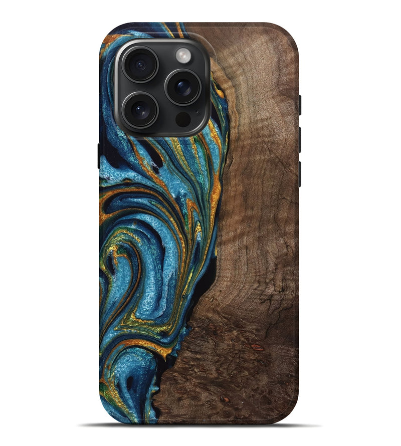 iPhone 16 Pro Max Wood Live Edge Phone Case - Keri (Teal & Gold, 766952)