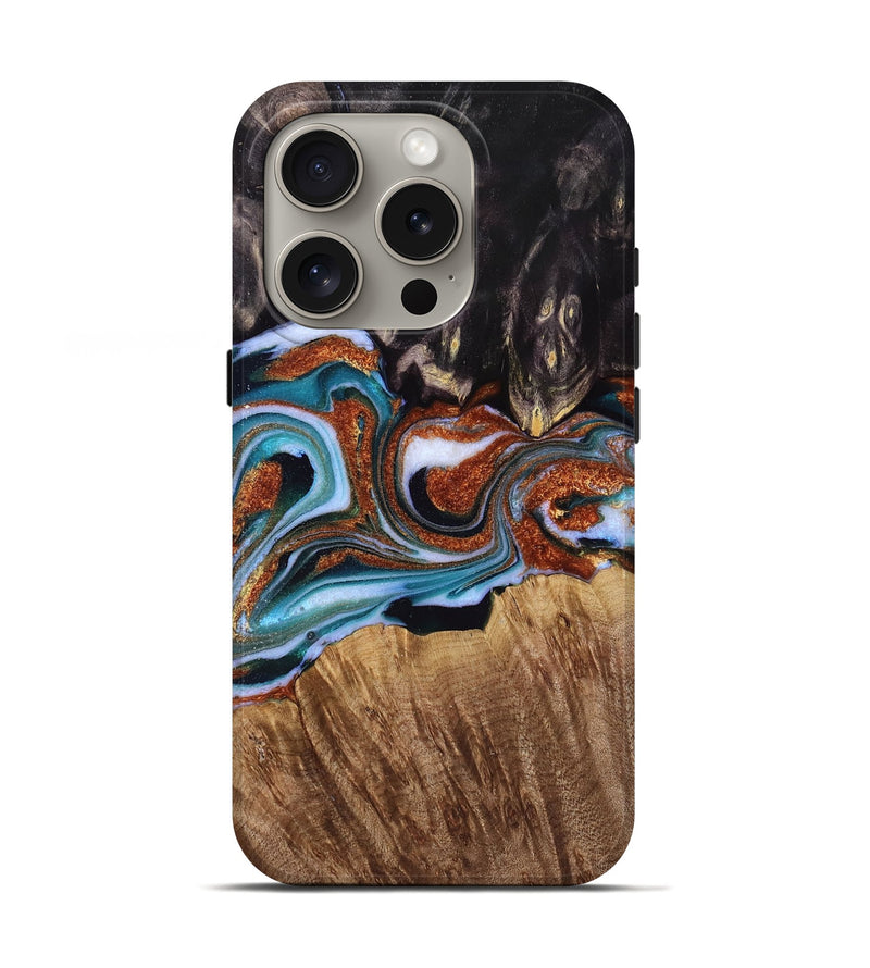 iPhone 16 Pro Wood Live Edge Phone Case - Diamond (Teal & Gold, 767060)