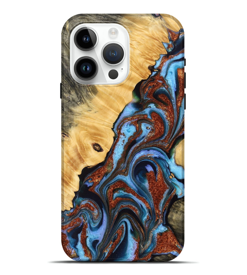 iPhone 15 Pro Max Wood Live Edge Phone Case - London (Teal & Gold, 767065)