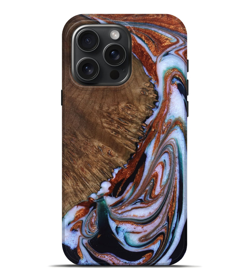 iPhone 16 Pro Max Wood Live Edge Phone Case - Cora (Teal & Gold, 767067)