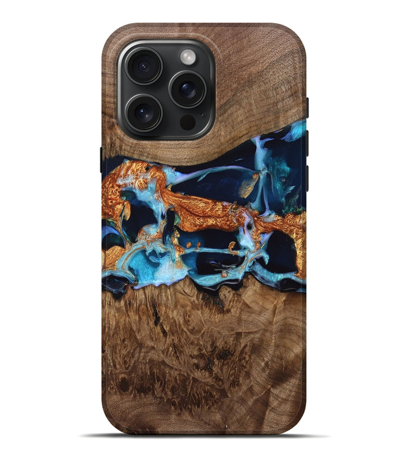 iPhone 16 Pro Max Wood Live Edge Phone Case - Forrest (Teal & Gold, 767306)