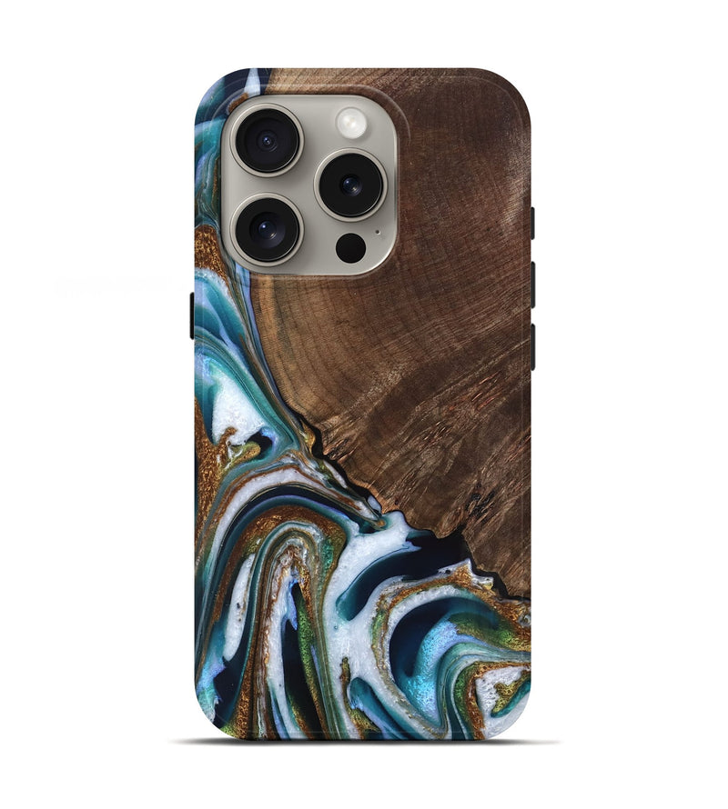 iPhone 16 Pro Wood Live Edge Phone Case - Tennie (Teal & Gold, 767309)