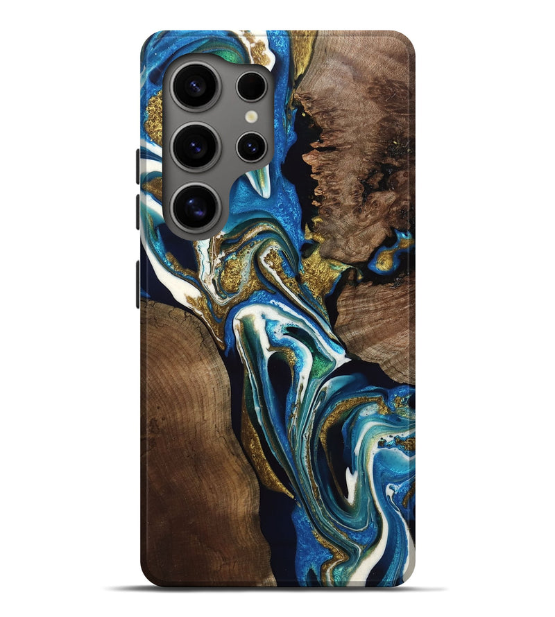 Galaxy S25 Ultra Wood Live Edge Phone Case - Rashad (Teal & Gold, 767314)