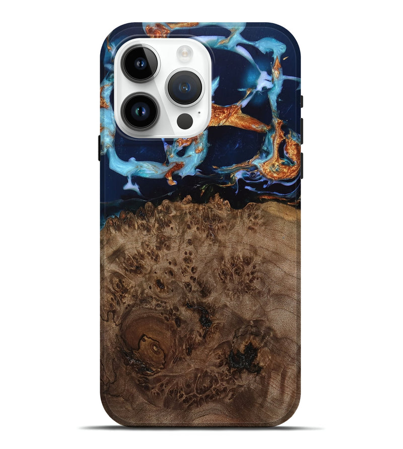 iPhone 15 Pro Max Wood Live Edge Phone Case - Wylie (Teal & Gold, 767318)