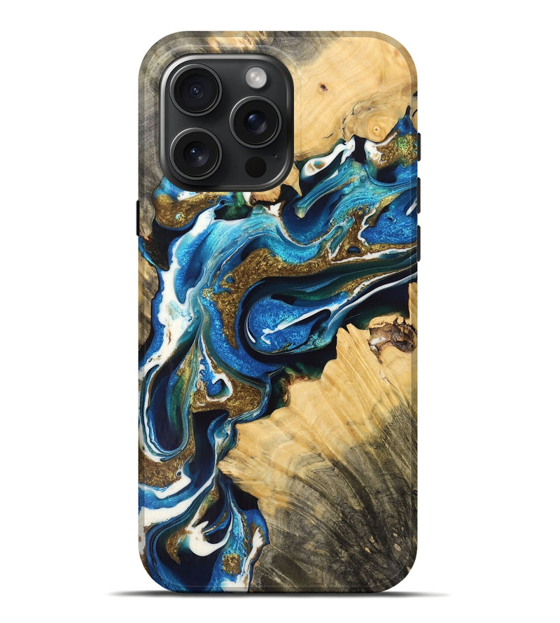 iPhone 16 Pro Max Wood Live Edge Phone Case - Messiah (Teal & Gold, 767320)