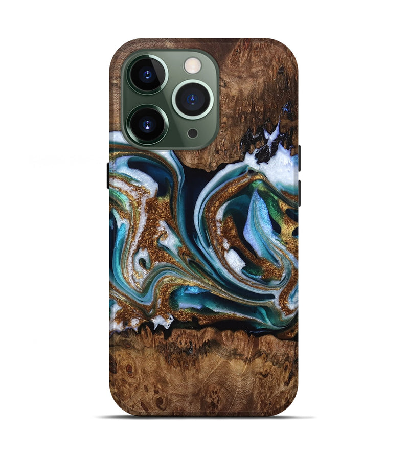 iPhone 13 Pro Wood Live Edge Phone Case - Hulda (Teal & Gold, 767321)