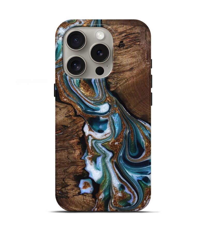 iPhone 16 Pro Wood Live Edge Phone Case - Laylah (Teal & Gold, 767324)