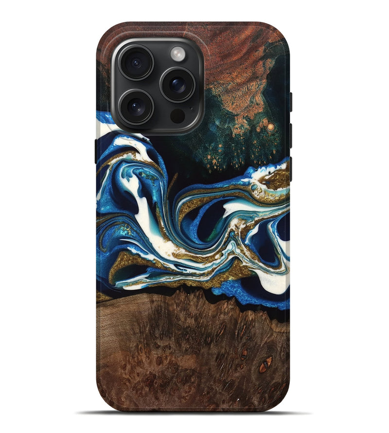 iPhone 16 Pro Max Wood Live Edge Phone Case - Donnie (Teal & Gold, 767325)
