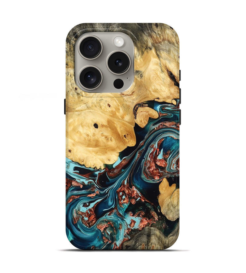 iPhone 16 Pro Wood Live Edge Phone Case - Mack (Teal & Gold, 768248)