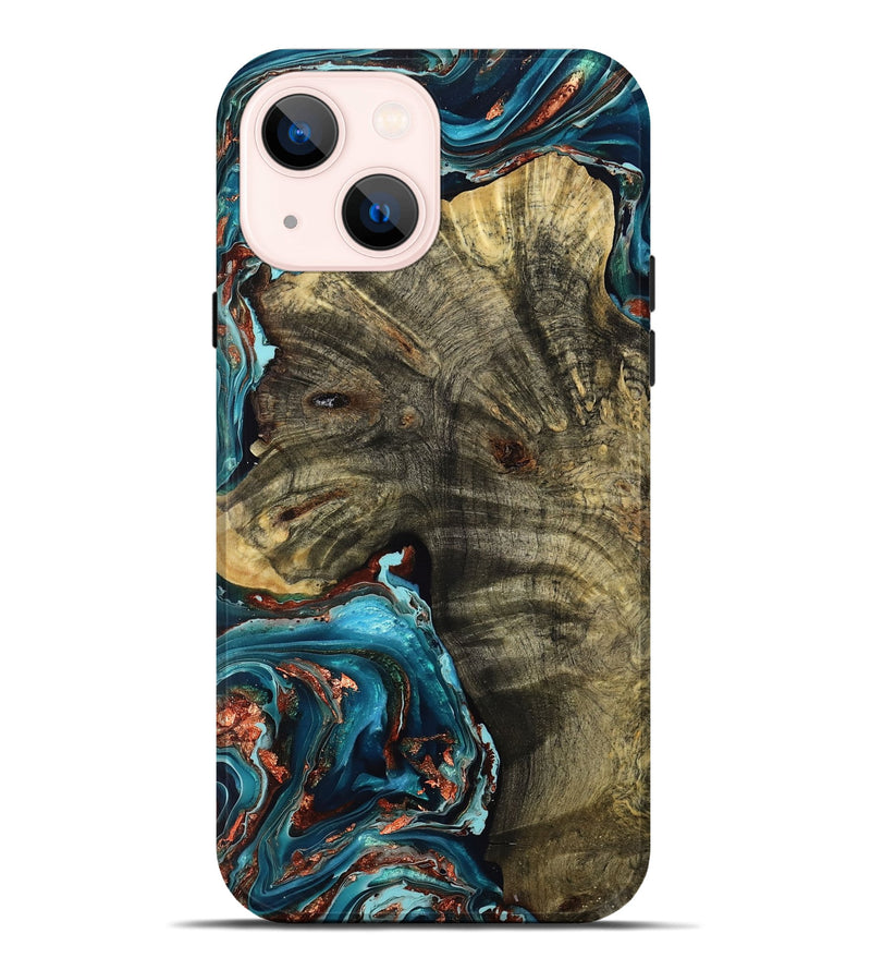 iPhone 14 Plus Wood Live Edge Phone Case - Reed (Teal & Gold, 768254)