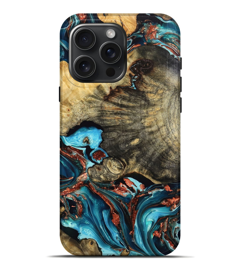 iPhone 16 Pro Max Wood Live Edge Phone Case - Karol (Teal & Gold, 768263)