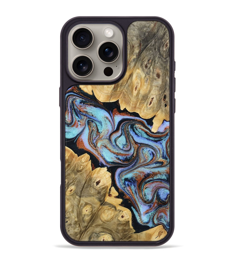 iPhone 16 Pro Max Wood Phone Case - Chelsea (Teal & Gold, 768466)