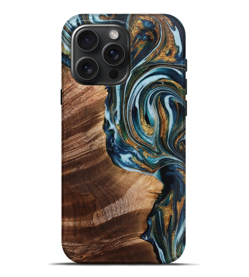 iPhone 16 Pro Max Wood Live Edge Phone Case - Sariyah (Teal & Gold, 768613)