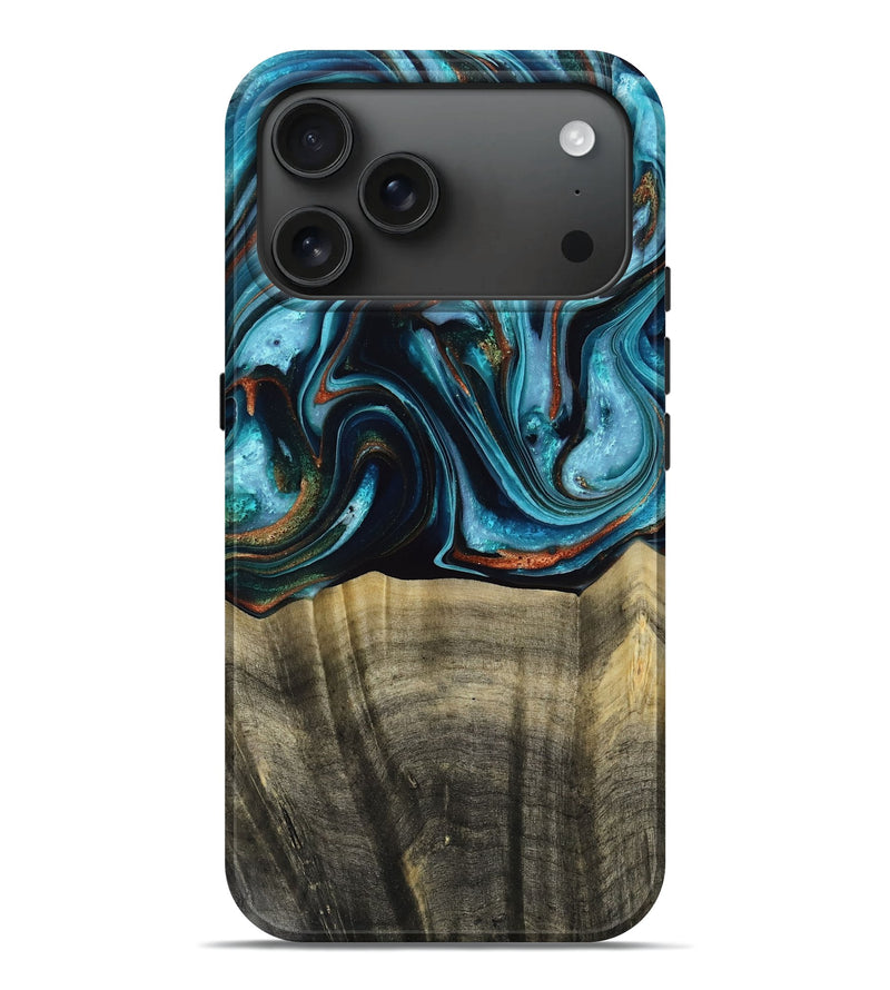 iPhone 17 Pro Max Wood Live Edge Phone Case - Eren (Teal & Gold, 768615)