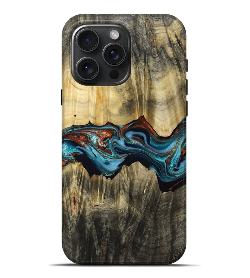 iPhone 16 Pro Max Wood Live Edge Phone Case - Savion (Teal & Gold, 768618)
