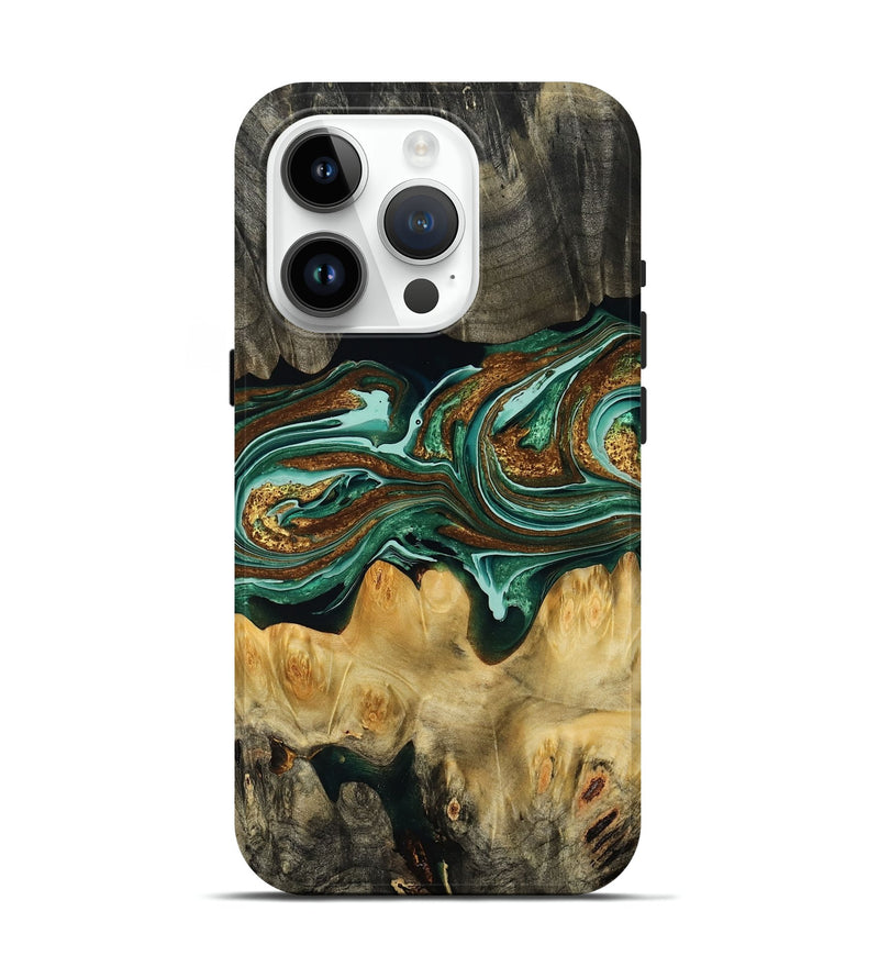 iPhone 15 Pro Wood Live Edge Phone Case - Ferne (Teal & Gold, 768623)