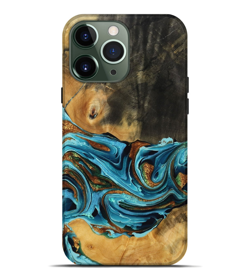 iPhone 13 Pro Max Wood Live Edge Phone Case - Navy (Teal & Gold, 769215)