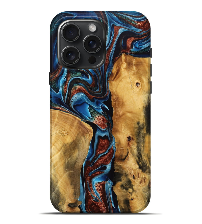 iPhone 16 Pro Max Wood Live Edge Phone Case - Elwood (Teal & Gold, 769228)