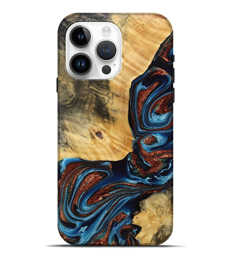 iPhone 15 Pro Max Wood Live Edge Phone Case - Briley (Teal & Gold, 769229)
