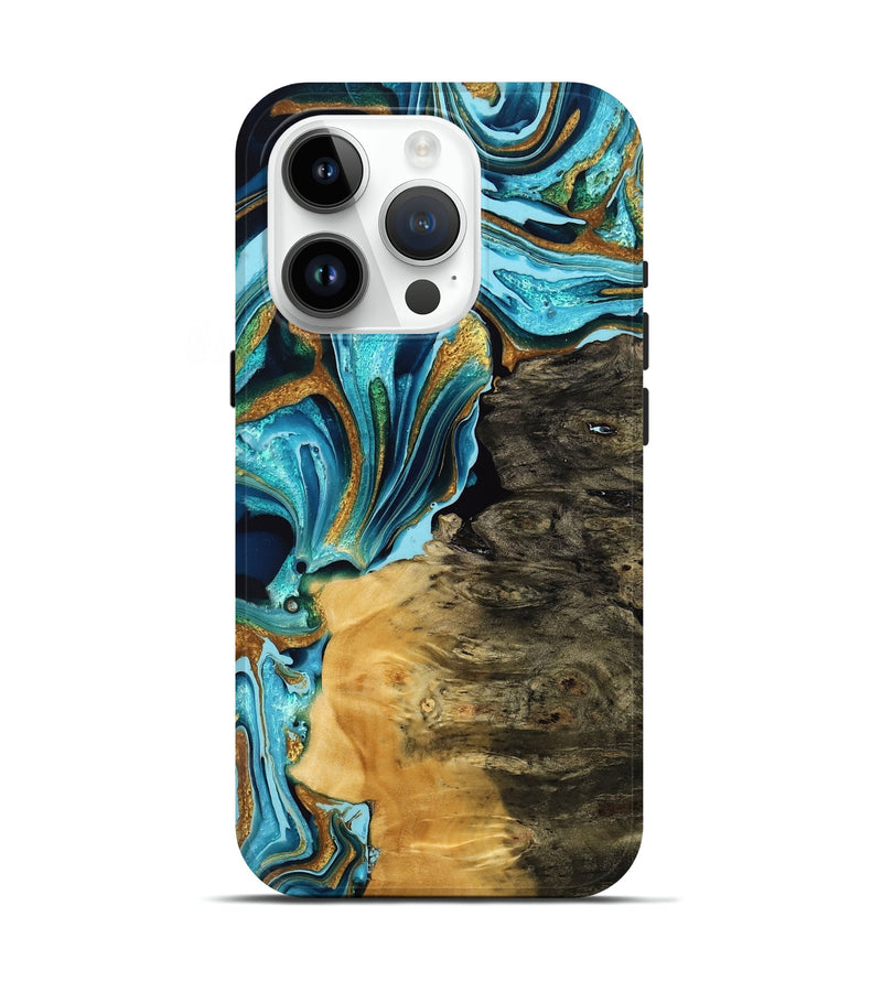 iPhone 15 Pro Wood Live Edge Phone Case - Art (Teal & Gold, 769607)