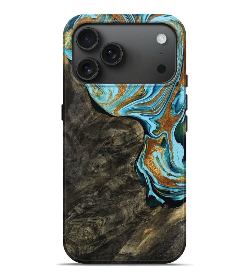 iPhone 17 Pro Max Wood Live Edge Phone Case - Almon (Teal & Gold, 769608)