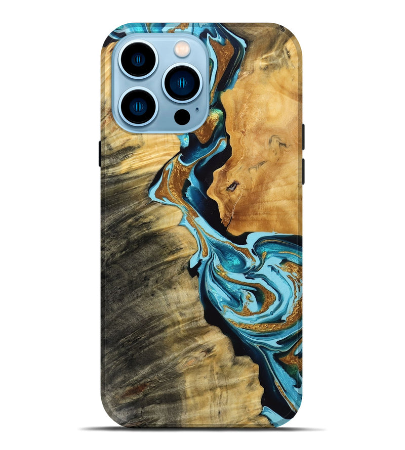 iPhone 14 Pro Max Wood Live Edge Phone Case - Ettie (Teal & Gold, 769611)